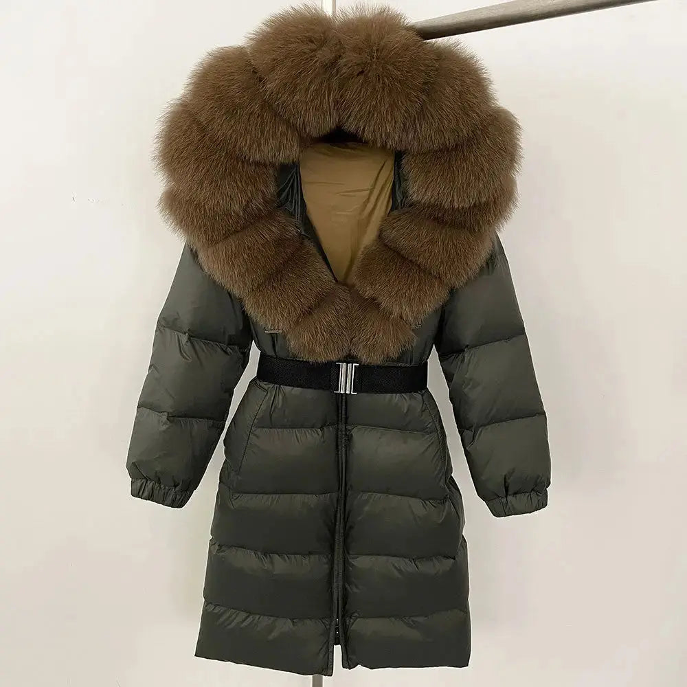 Black Down Coat with Fox Fur Trimmed Hood - LauBelle Brand