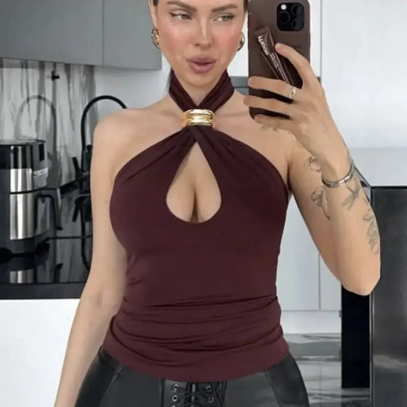 Black Halter Top with Gold Ring and Slim Fit Design - LauBelle