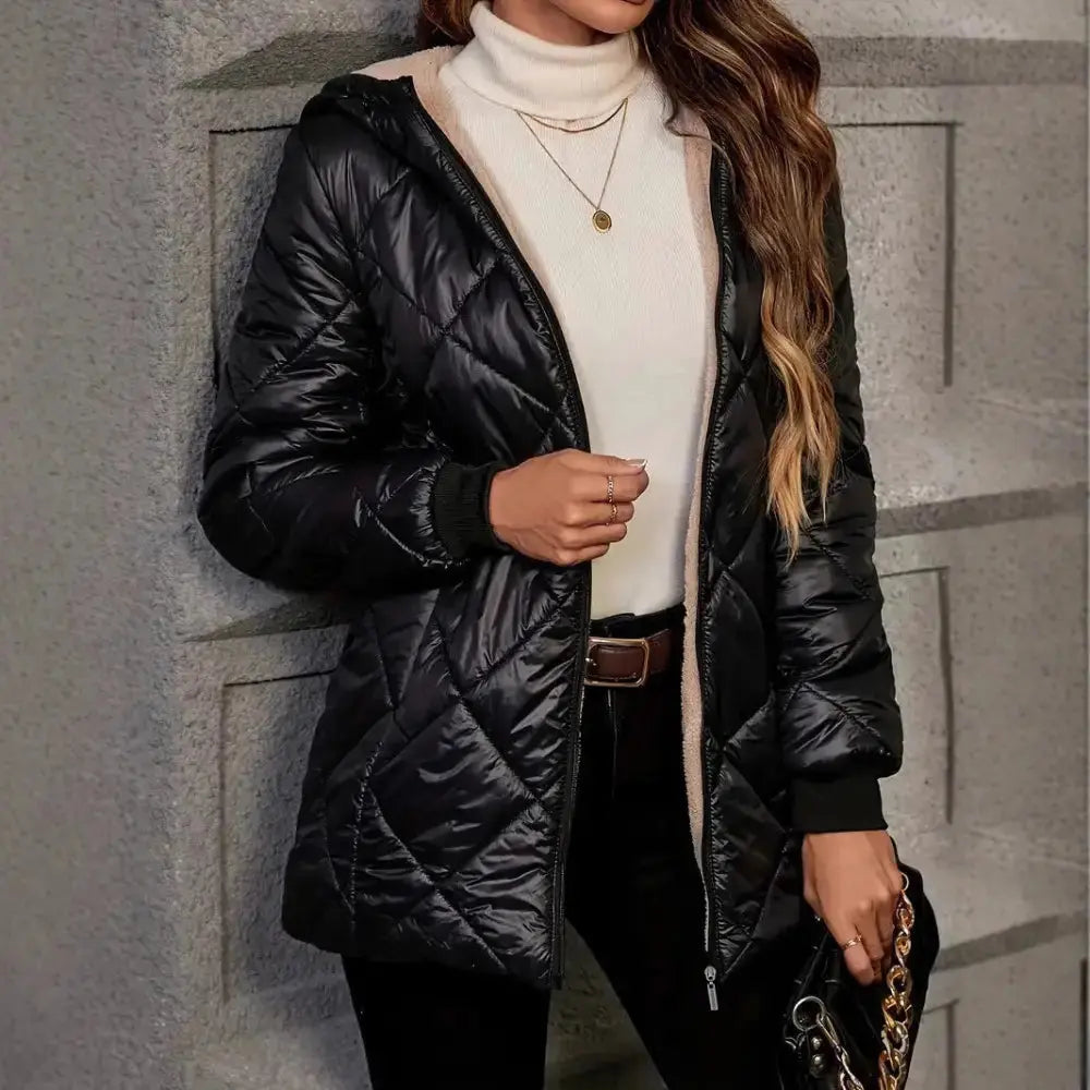 Black Quilted Hooded Jacket with Diamond Lattice Long Sleeves - LauBelle