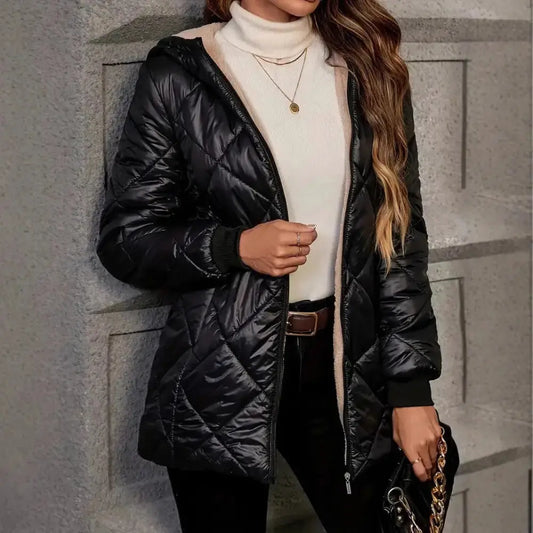 Black Quilted Hooded Jacket with Diamond Lattice Long Sleeves - LauBelle Brand
