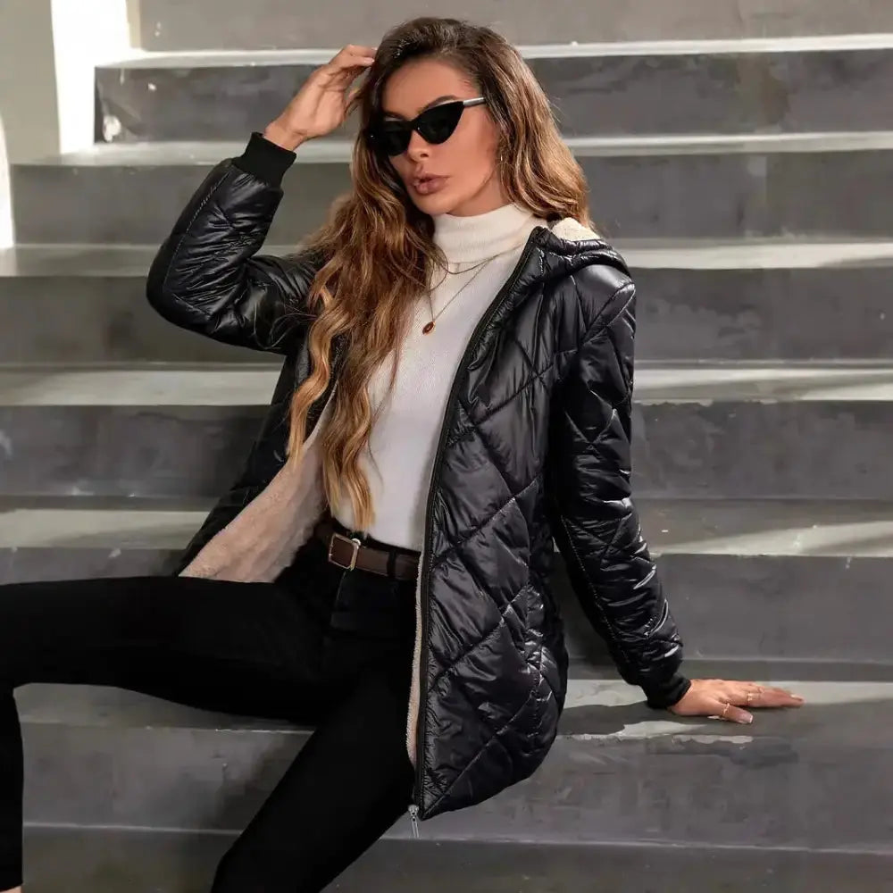 Black Quilted Hooded Jacket with Diamond Lattice Long Sleeves - LauBelle Brand