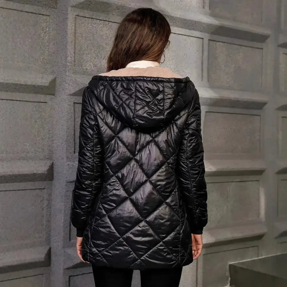Black Quilted Hooded Jacket with Diamond Lattice Long Sleeves - LauBelle Brand