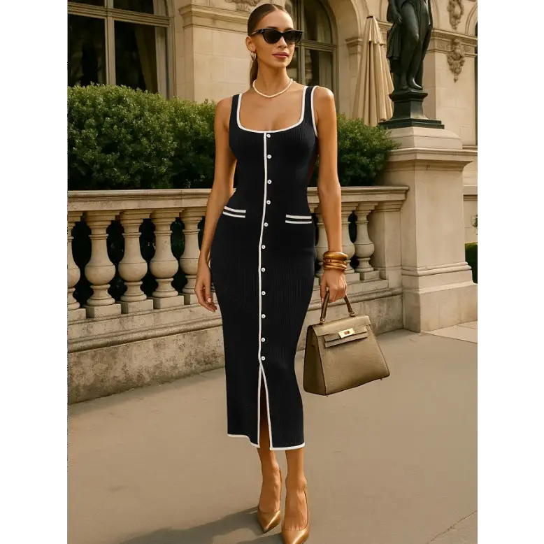 Contrast Color Vest-Style Knitted Dress with Multi-Buckle and Slit - LauBelle