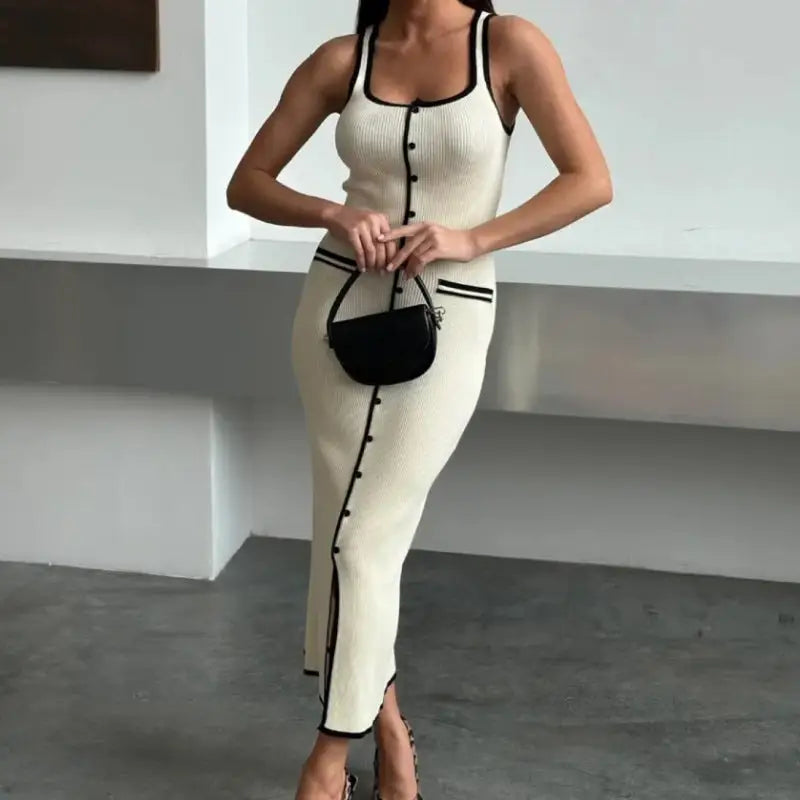 Contrast Color Vest-Style Knitted Dress with Multi-Buckle and Slit - LauBelle