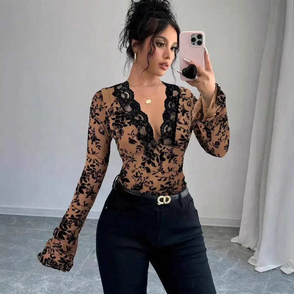 LaceFlare V Neck Tee with Lace Sleeve and Hem Detailing - LauBelle