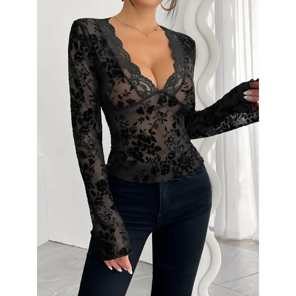 LaceFlare V Neck Tee with Lace Sleeve and Hem Detailing - LauBelle