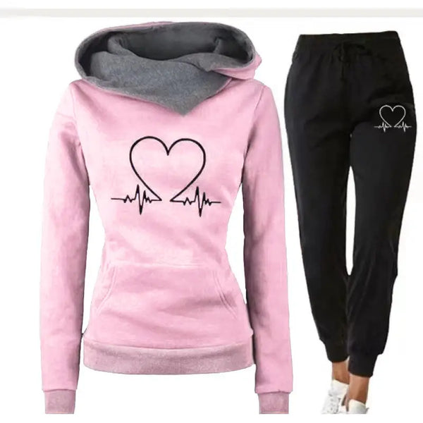 Love Heart Print Hooded Sports Suit with Drawstring Pants - LauBelle