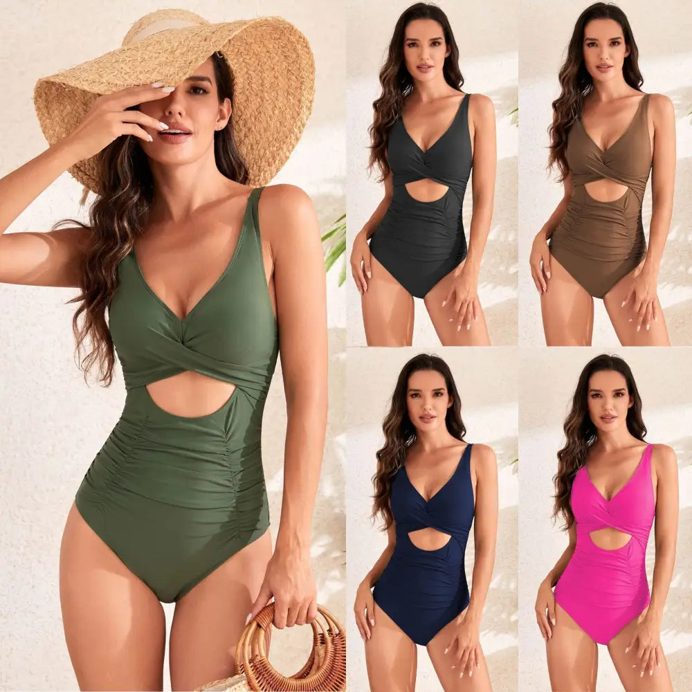 Pleated Cross High Waist Swimsuit with Elegant Front Design - LauBelle