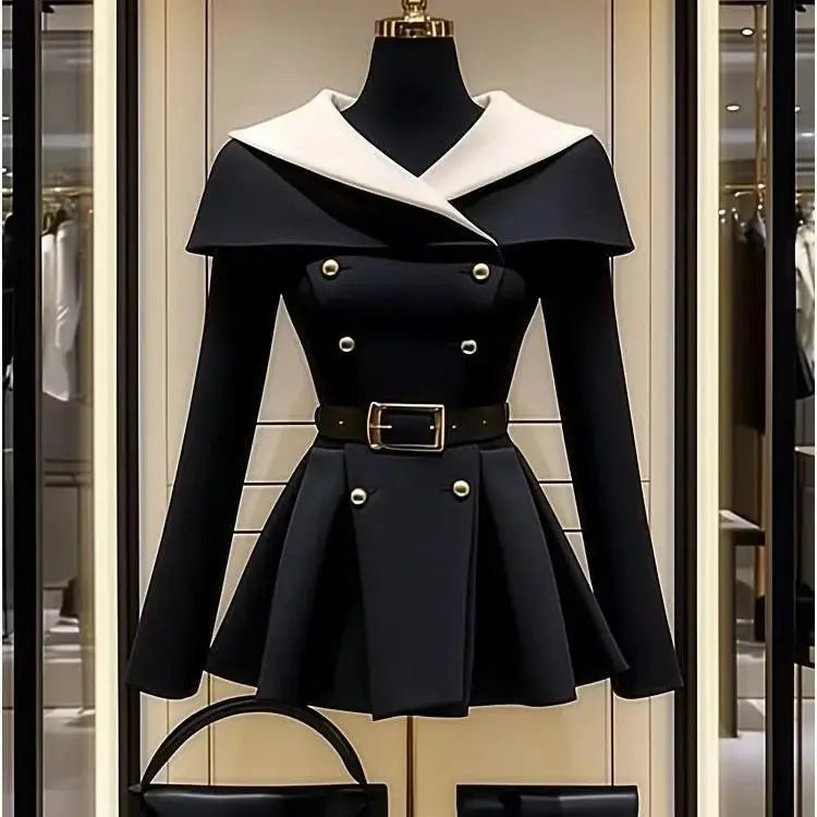 SleekFit Black Belted Dress Coat with White Collar for Autumn - LauBelle Brand