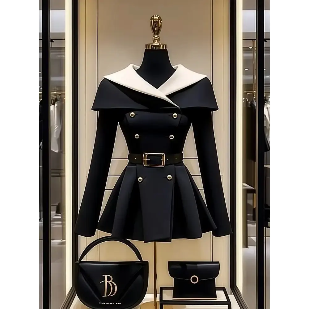 SleekFit Black Belted Dress Coat with White Collar for Autumn - LauBelle Brand