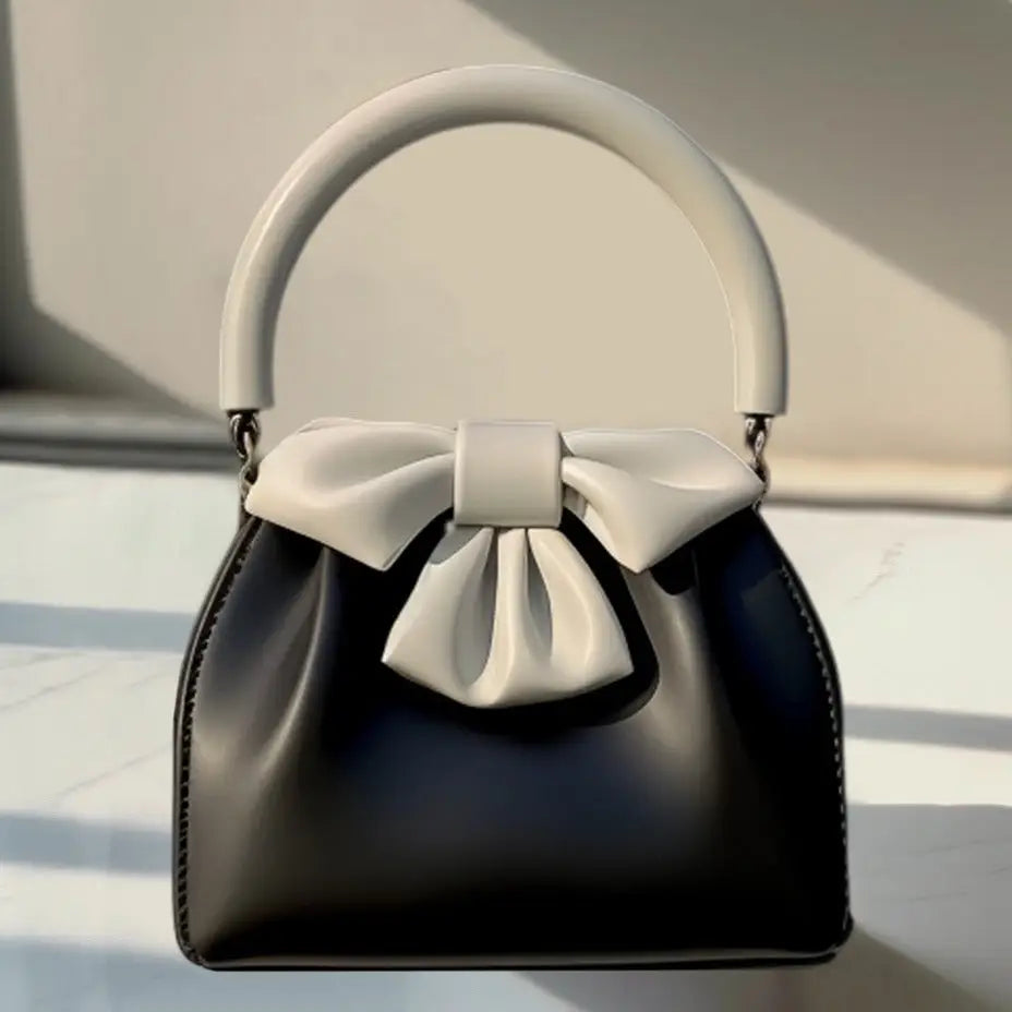 Womens Pleated Contrast Color Bow Bucket Handbag - LauBelle