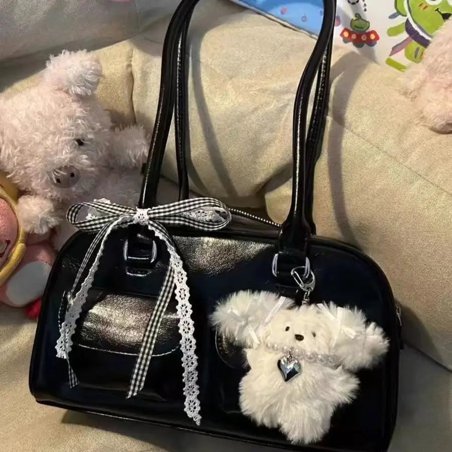 Zippered Black PU Shoulder Bag with Dual Pockets - LauBelle