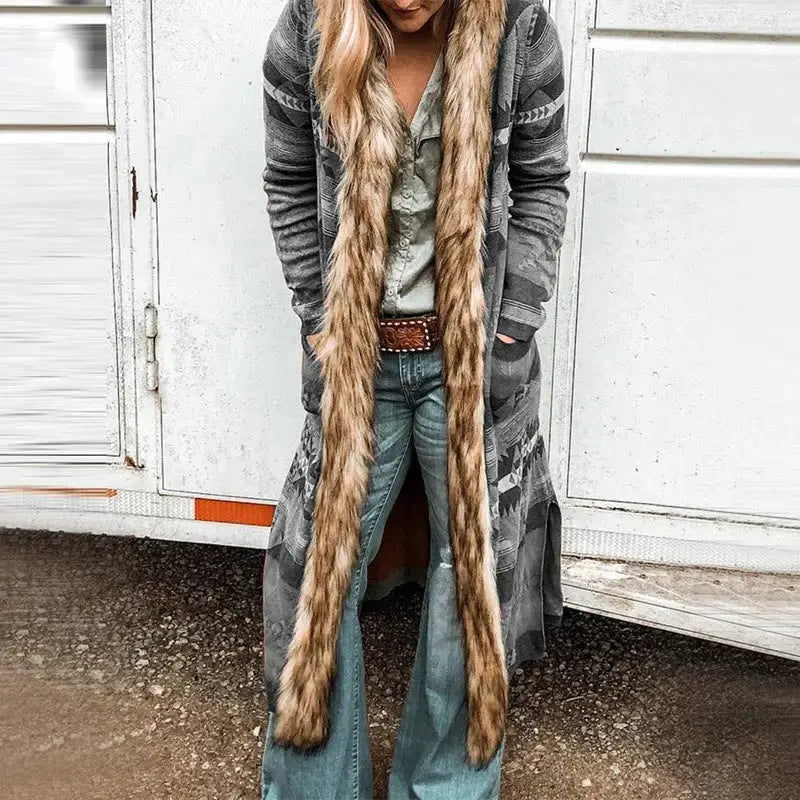 BlossomFur Bohemian Floral Long Sleeve Cardigan with Faux Fur Trim - LauBelle