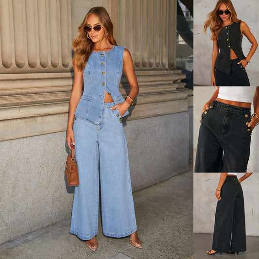 Chic Denim Duo: Vest & Wide-Leg Pants Set - LauBelle