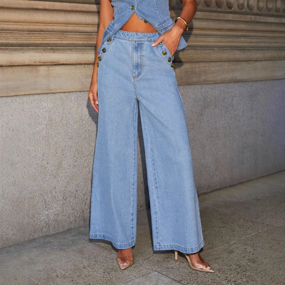 Chic Denim Duo: Vest & Wide-Leg Pants Set - LauBelle