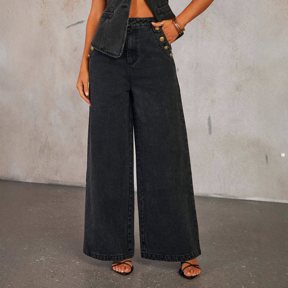 Chic Denim Duo: Vest & Wide-Leg Pants Set - LauBelle