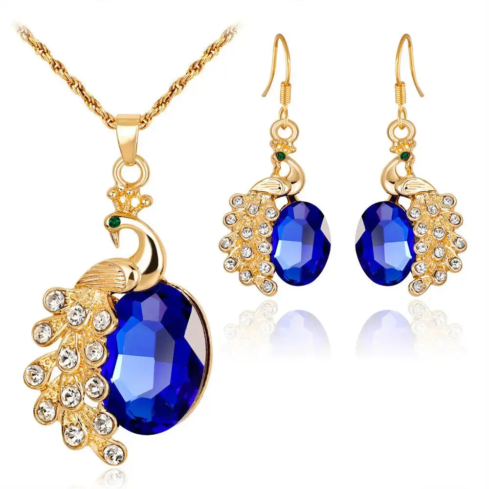 Peacock Sparkle Necklace and Earrings Set with Crystals - LauBelle