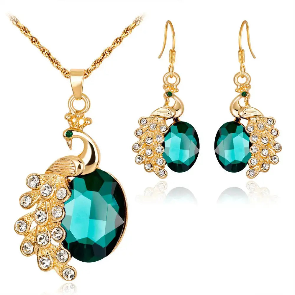 Peacock Sparkle Necklace and Earrings Set with Crystals - LauBelle