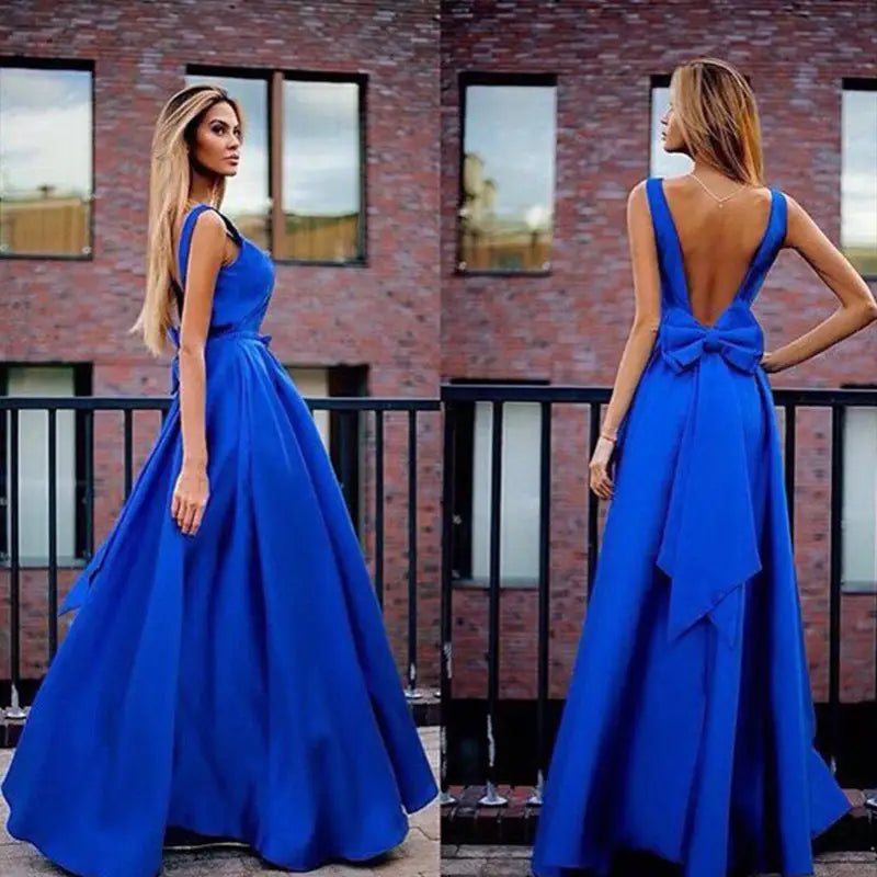 Elegance Bow Ball Gown Dress with Deep V Backless Design - LauBelle