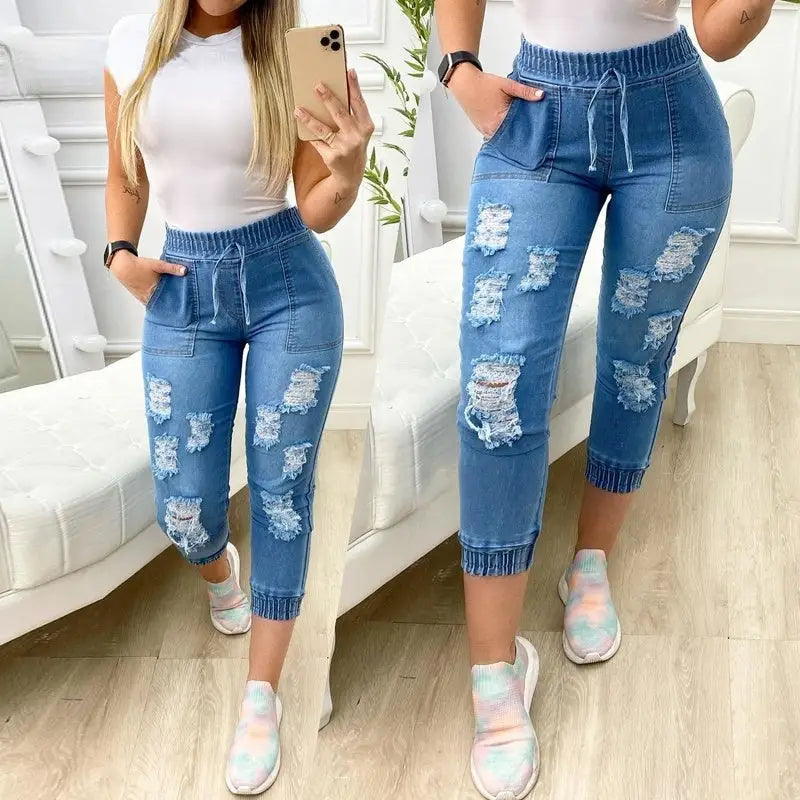 Euro-Ameri Chic Blue Distressed Denim Jeans for Women - LauBelle