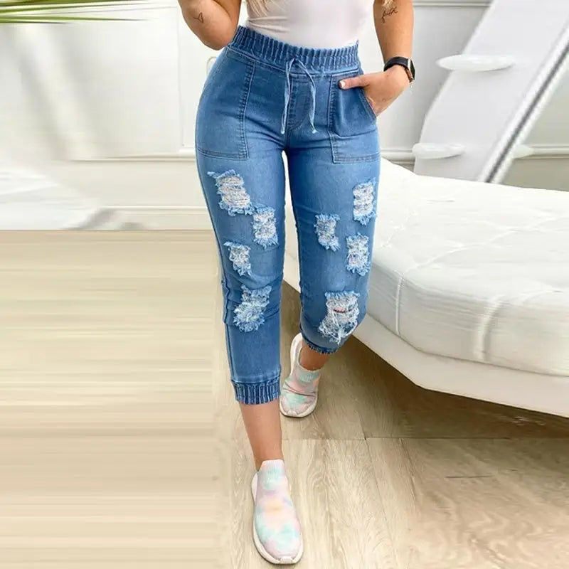 Euro-Ameri Chic Blue Distressed Denim Jeans for Women - LauBelle