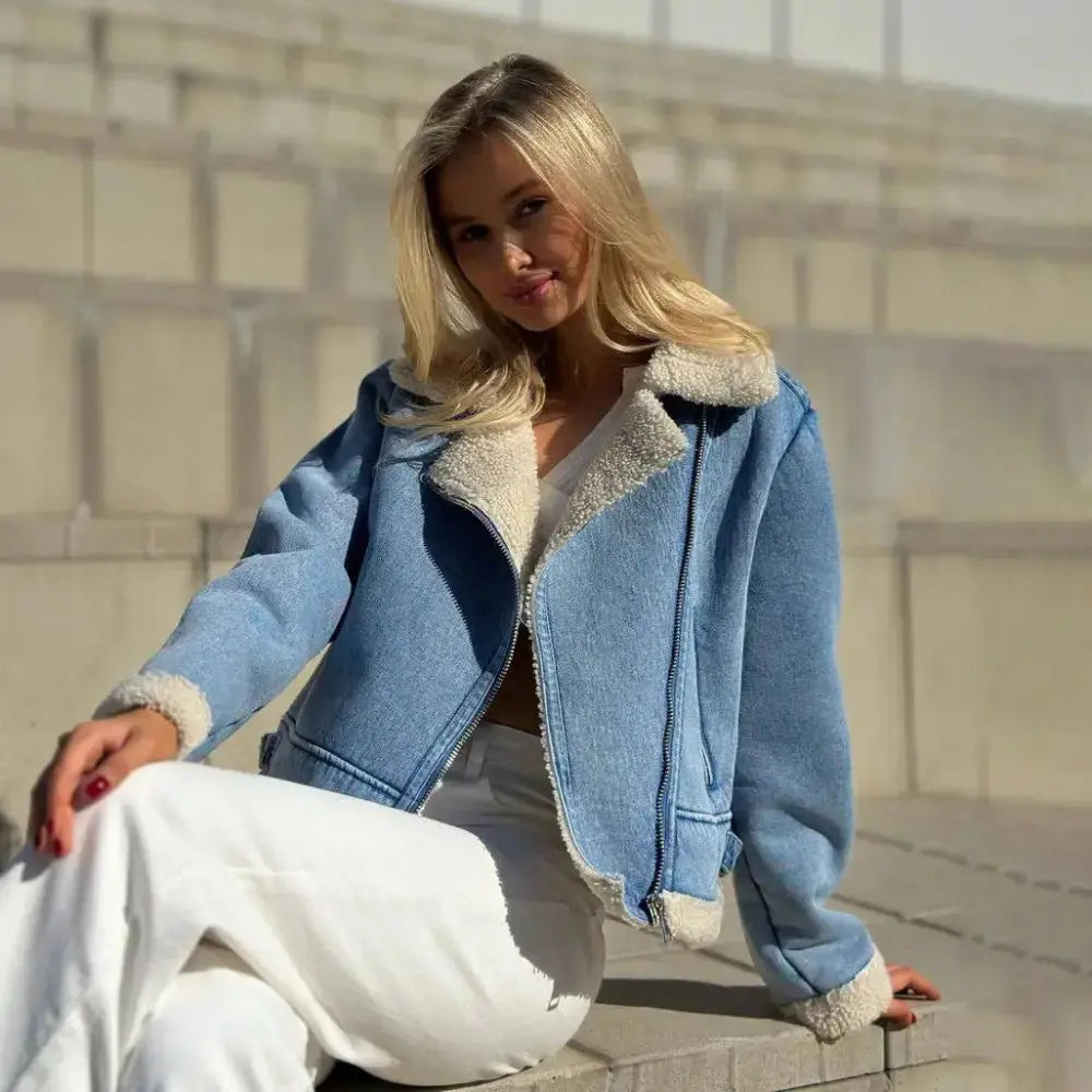 Light Blue Sherpa Lined Denim Jacket - LauBelle Brand