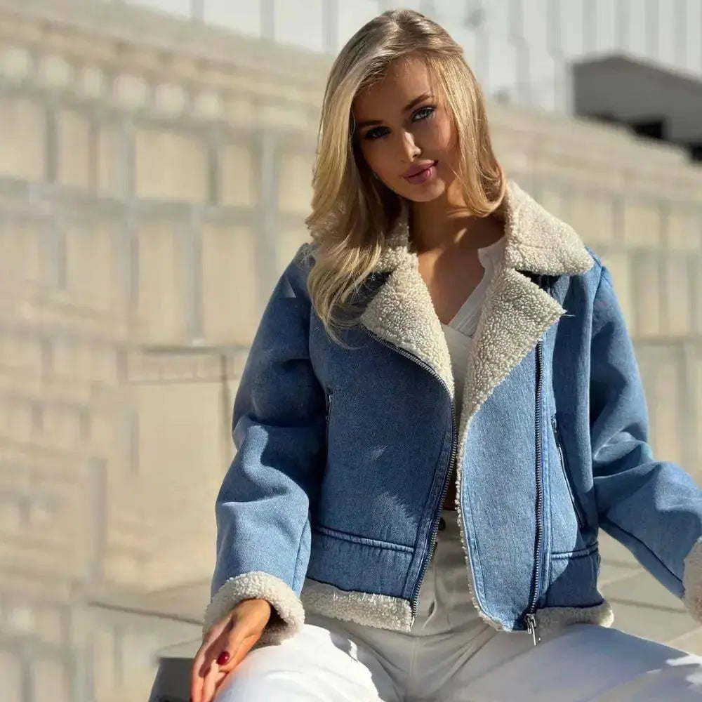 Light Blue Sherpa Lined Denim Jacket - LauBelle Brand