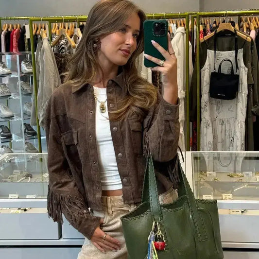 Brown Suede Fringe Jacket for Women Urban Sophistication and Comfort - LauBelle Brand