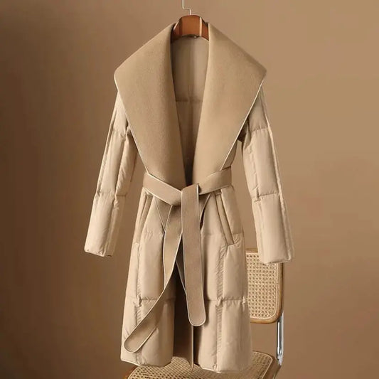 Beige Belted Downy Chic Winter Coat - LauBelle Brand
