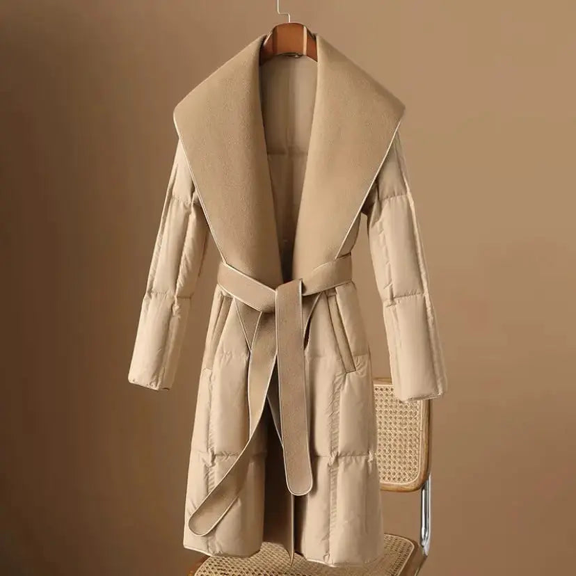 Beige Belted Downy Chic Winter Coat - LauBelle Brand