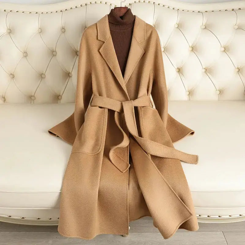 Brown Ripple Wool Belted Winter Coat - LauBelle