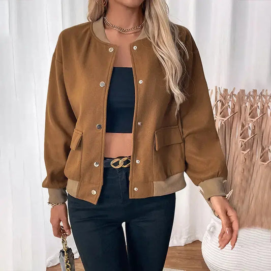 FemmeFusion Brown Half-Turtleneck Button-Down Bomber Jacket - LauBelle Brand