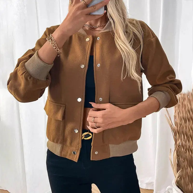 FemmeFusion Brown Half-Turtleneck Button-Down Bomber Jacket - LauBelle
