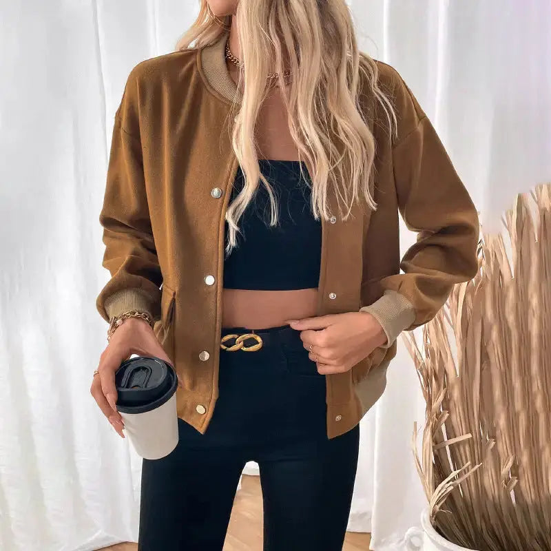 FemmeFusion Brown Half-Turtleneck Button-Down Bomber Jacket - LauBelle Brand