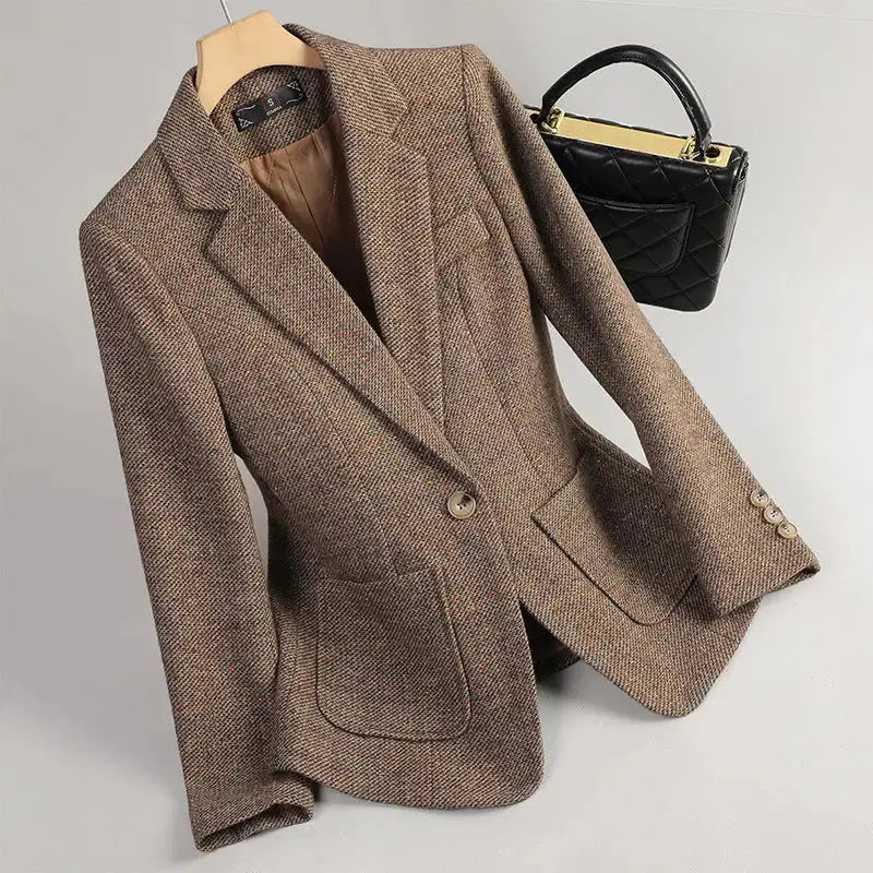 WoolQuilt Women's Brown Tweed Wool Blazer Thick Suit Jacket - LauBelle