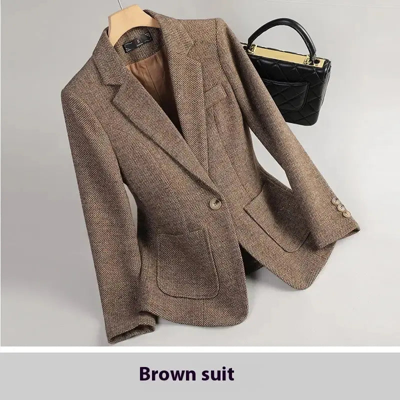 WoolQuilt Women's Brown Tweed Wool Blazer Thick Suit Jacket - LauBelle