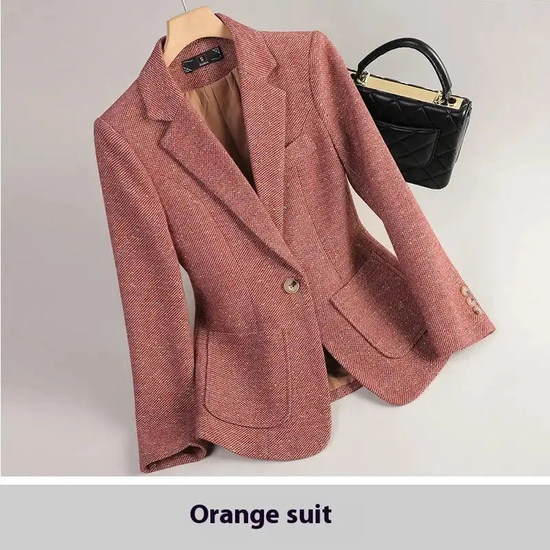 WoolQuilt Women's Brown Tweed Wool Blazer Thick Suit Jacket - LauBelle