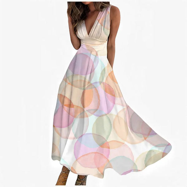 Digital Printing Women V Neck Sleeveless Maxi Dress - LauBelle
