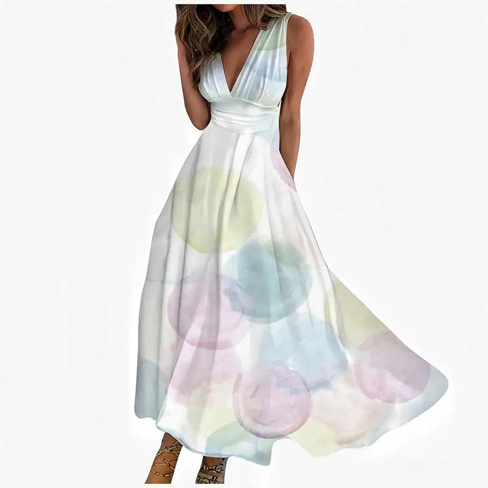 Digital Printing Women V Neck Sleeveless Maxi Dress - LauBelle