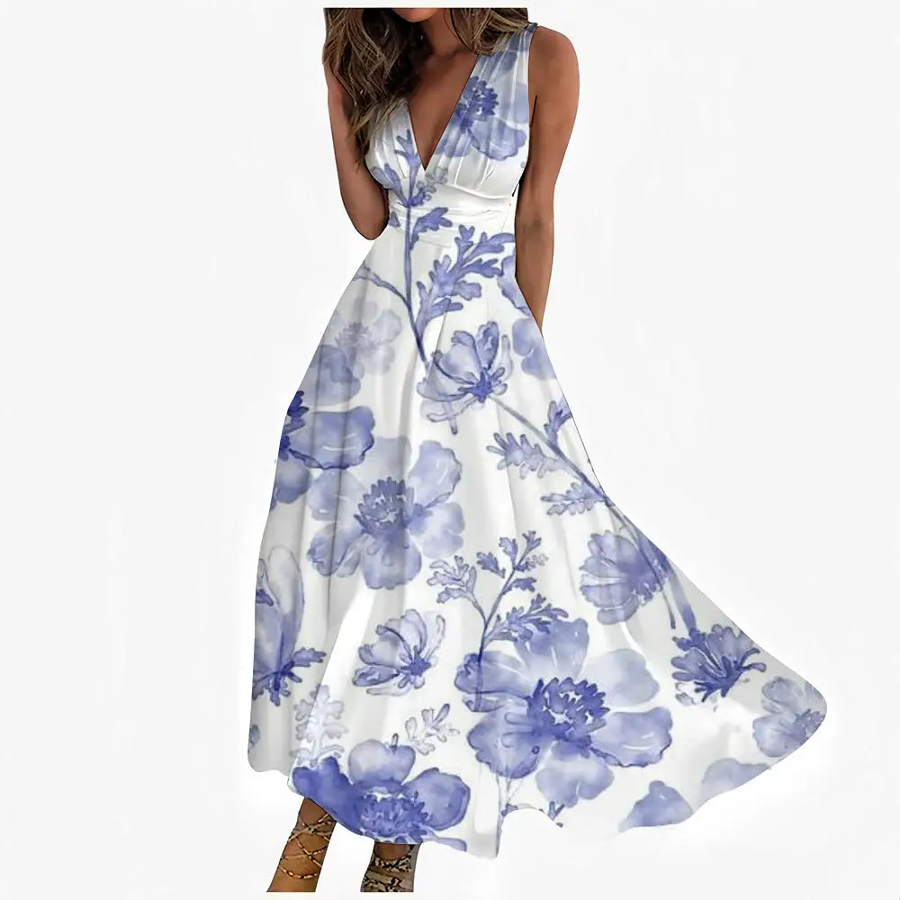 Digital Printing Women V Neck Sleeveless Maxi Dress - LauBelle