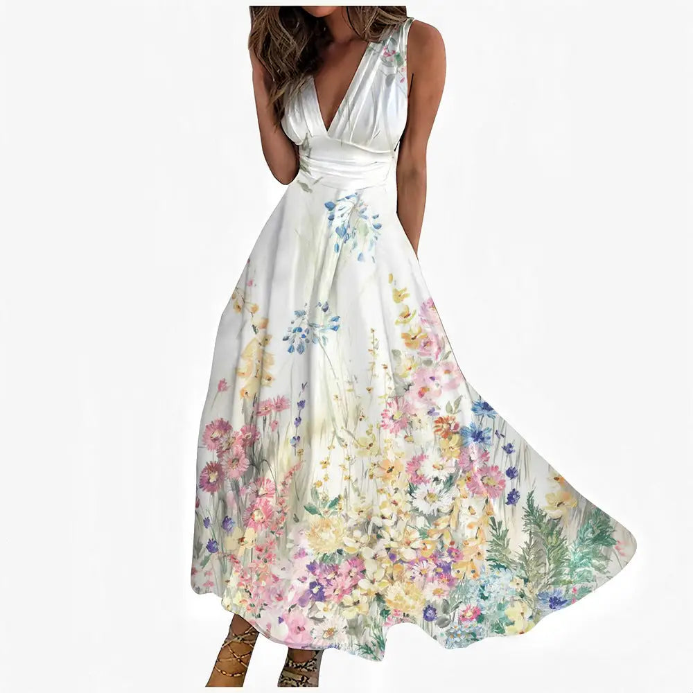 Digital Printing Women V Neck Sleeveless Maxi Dress - LauBelle
