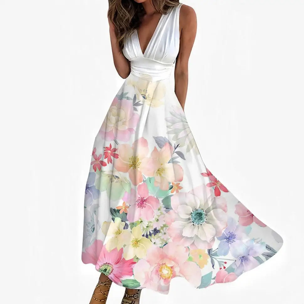 Digital Printing Women V Neck Sleeveless Maxi Dress - LauBelle