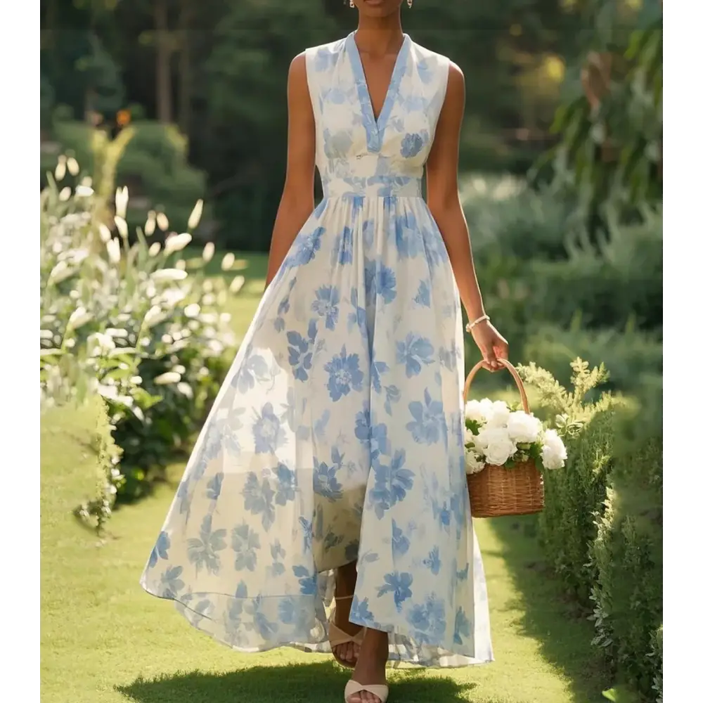 Digital Printing Women V Neck Sleeveless Maxi Dress - LauBelle