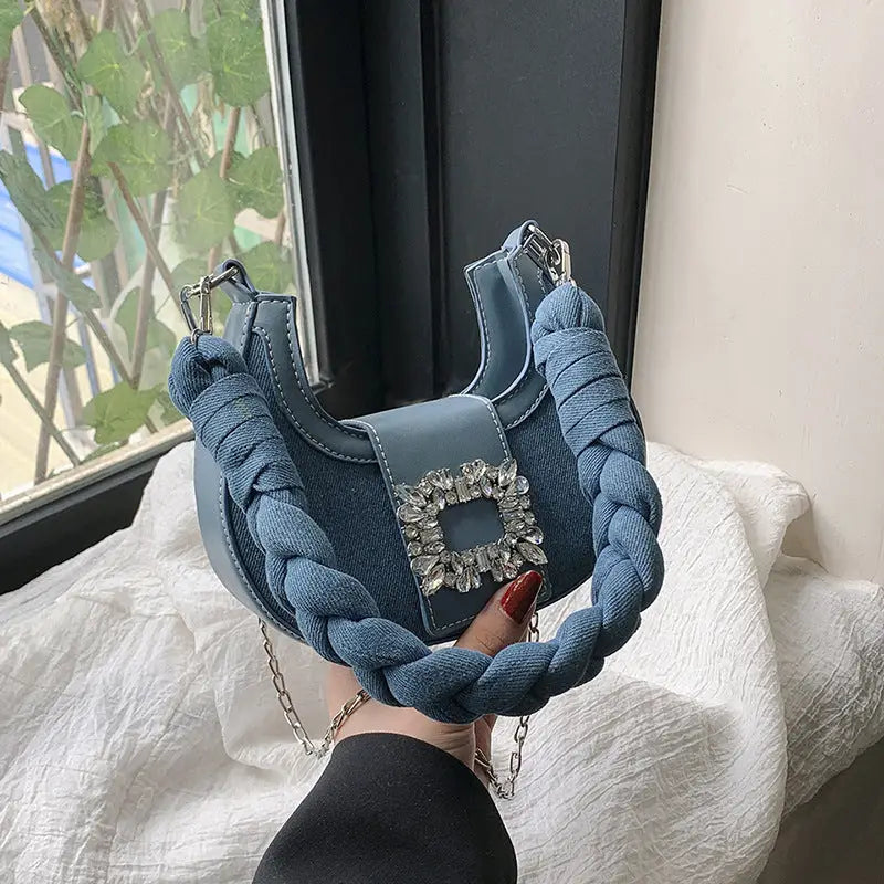 Crescent Denim Bag with Chain & Zipper - LauBelle