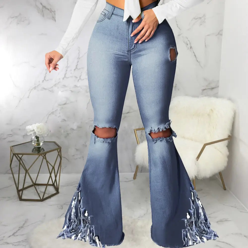 Euro-Am Wide Leg Jeans with Knee Holes in High-Quality Denim - LauBelle