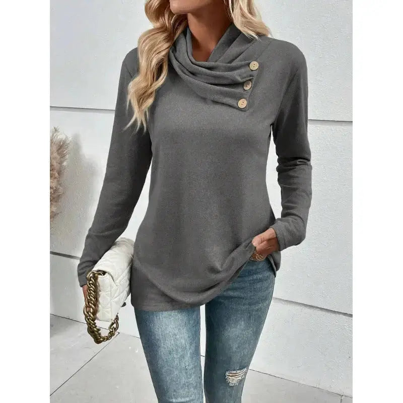 Gray Cowl Neck Long Sleeve Scarf Button Cotton Blend Top - LauBelle Brand