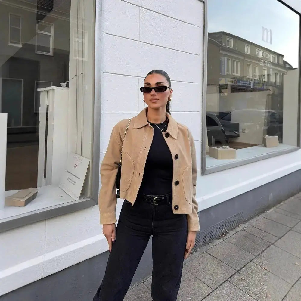 VelvetLap Luxe Leather Short Jacket for Timeless Sophistication - LauBelle