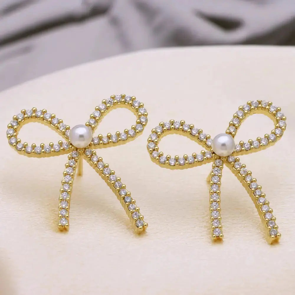 Copper Zircon Pearl Bow Earrings - LauBelle