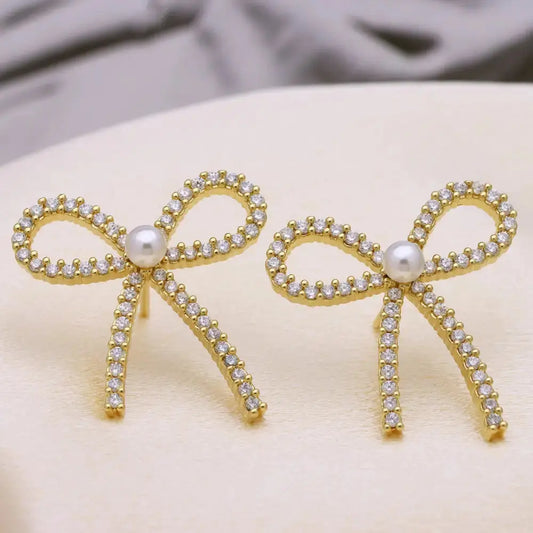 Copper Zircon Pearl Bow Earrings - LauBelle