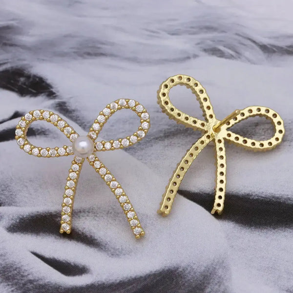 Copper Zircon Pearl Bow Earrings - LauBelle
